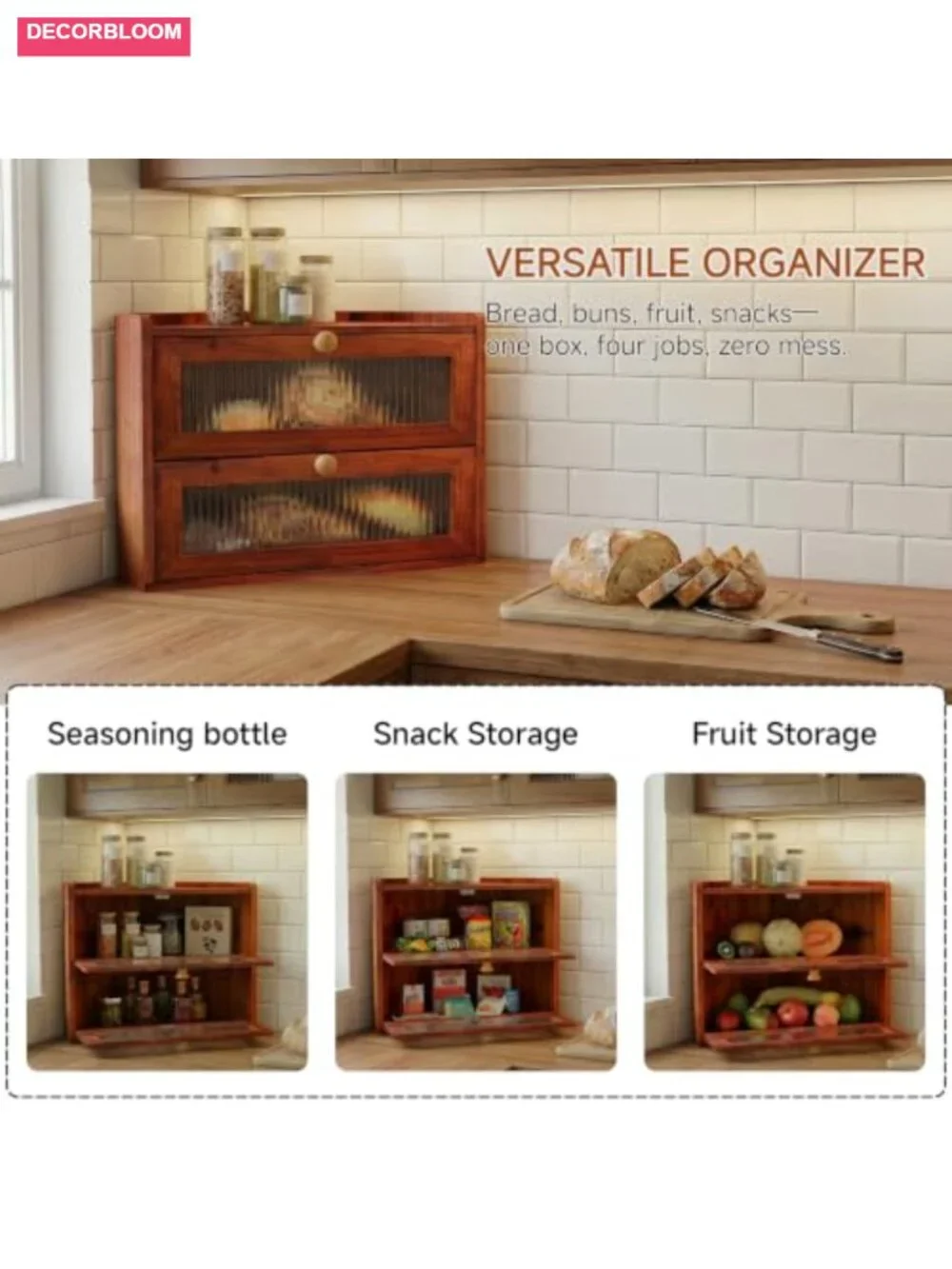 Wooden Corner Bread Box 2-Tier Pine with Magnetic Latch